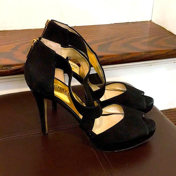 MK MICHAEL KORS Black Suede Peep Toe Gold Zipper Back High Heel Shoes Sz 8-1/2 - Picture 4 of 11